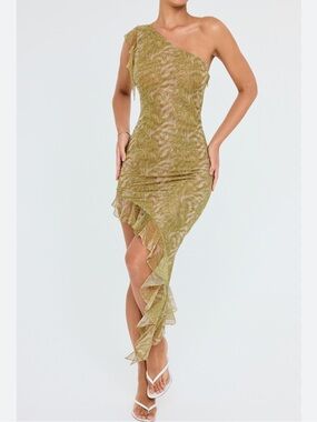 House of CB  Mistress Rocks Glimmer Print Ruffle One Shoulder Midi Dress New!